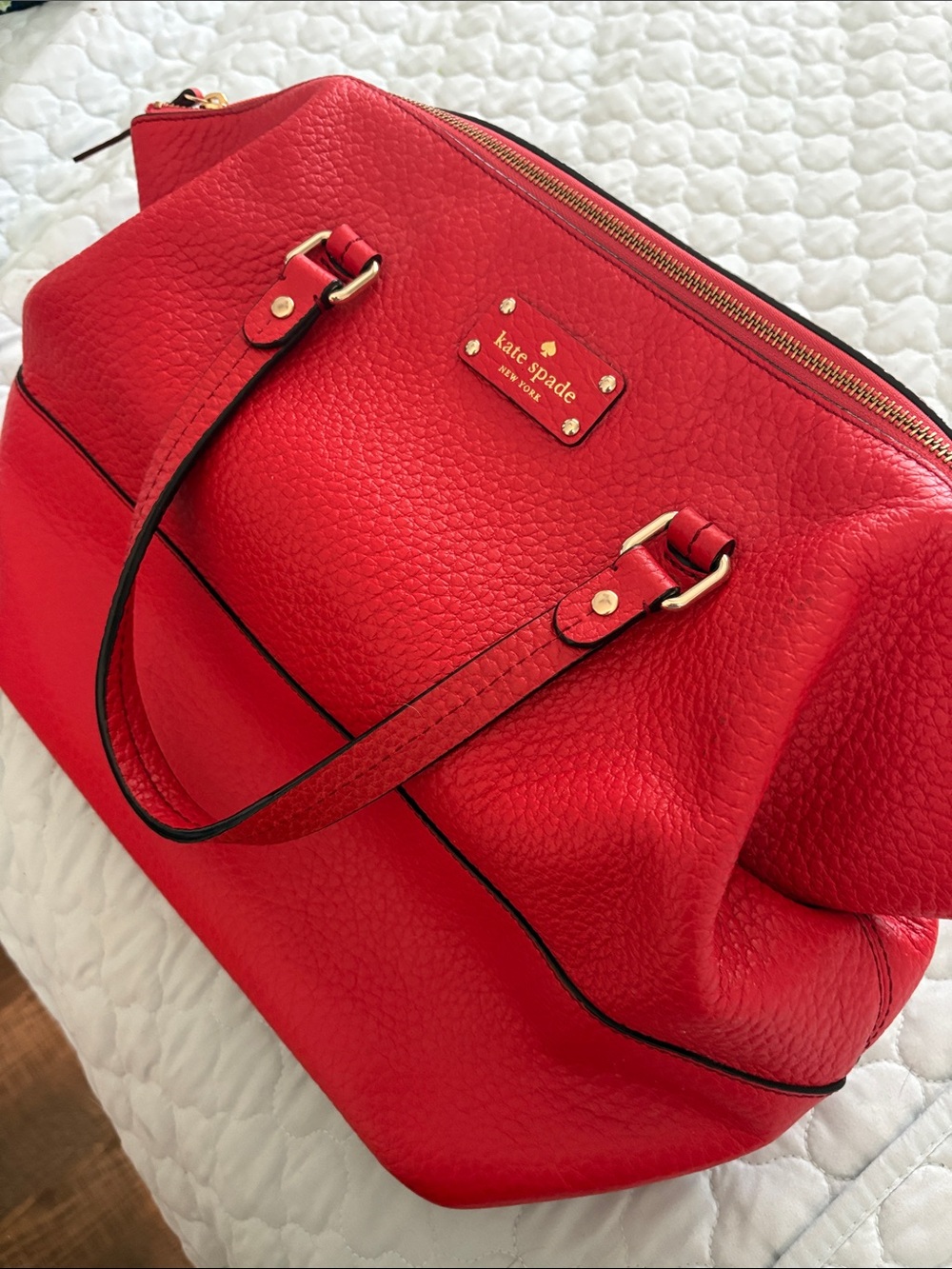 kate spade Red Pebbled Leather Zip-Top Tote with Gold Hardware